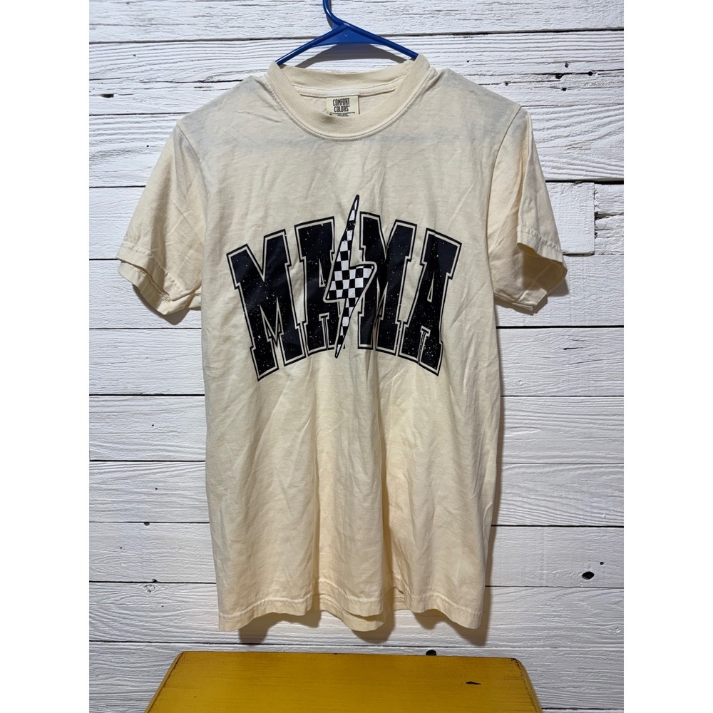 Comfort Colors Mama Graphic T-Shirt Cream Lightning Bolt Checkered Small